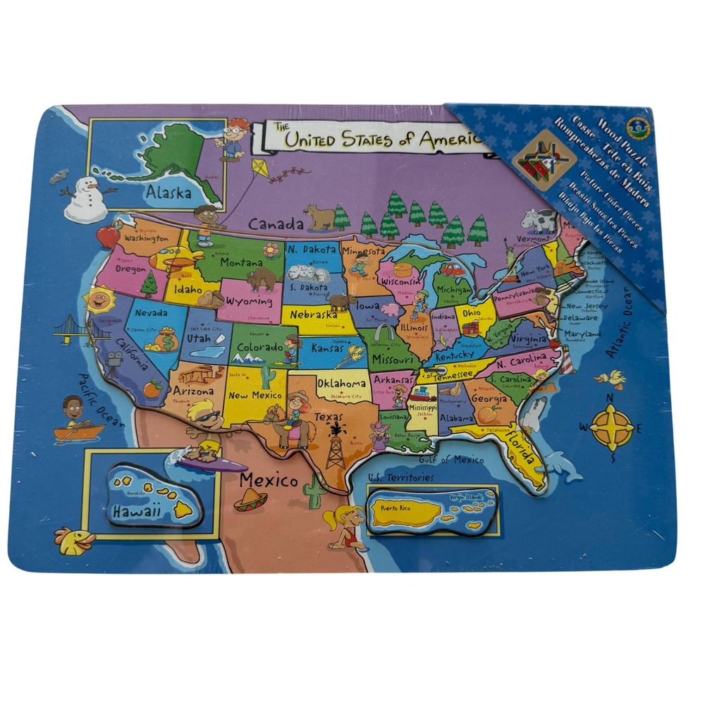 Leap Year Wood Puzzle Kids Blue USA Map Educational Geography 80043 Sealed